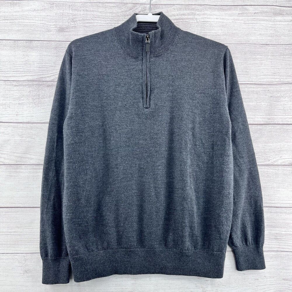 UNTUCKit Sweater Sz L Grey Merino Wool 1/4 Zip Pullover Lightweight‎ Long Sleeve